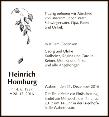 Todesanzeige von Heinrich Homburg von HNA