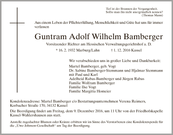 Todesanzeige von Guntram Adolf Wilhelm Bamberger von HNA