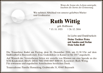Todesanzeige von Ruth Wittig von HNA