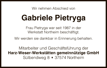 Todesanzeige von Gabriele Pietryga von HNA