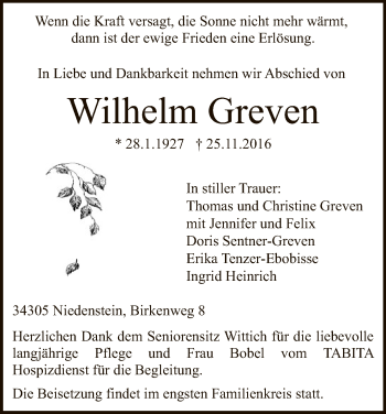 Todesanzeige von Wilhelm Greven von HNA