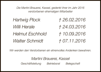 Todesanzeige von Die Martini Brauerei Kassel gedenkt von HNA