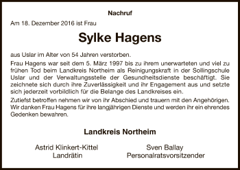 Todesanzeige von Sylke Hagens von HNA