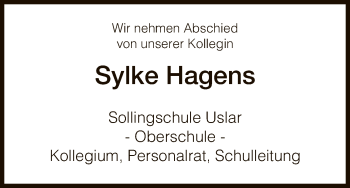 Todesanzeige von Sylke Hagens von HNA