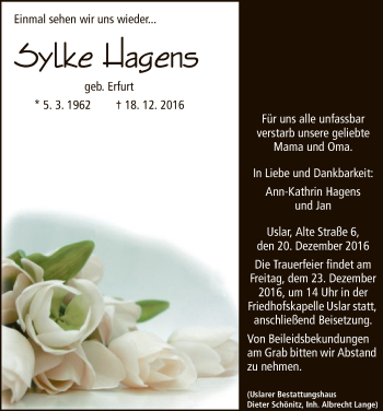 Todesanzeige von Sylke Hagens von HNA
