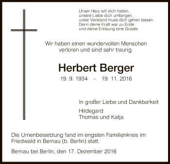 Todesanzeige von Herbert Berger von HNA