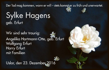 Todesanzeige von Sylke Hagens von HNA