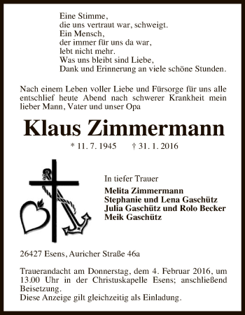 Todesanzeige von Klaus Zimmermann von HNA