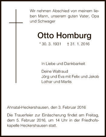 Todesanzeige von Otto Homburg von HNA