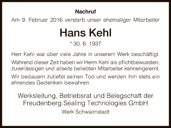 Todesanzeige von Hans Kehl von HNA