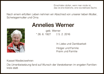 Todesanzeige von Annelies Werner von HNA