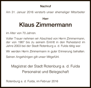 Todesanzeige von Klaus Zimmermann von HNA