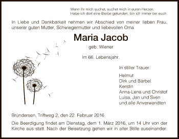 Todesanzeige von Maria Jacob von HNA