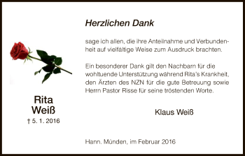 Todesanzeige von Rita Weiß von HNA