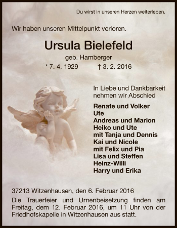 Todesanzeige von Ursula Bielefeld von HNA