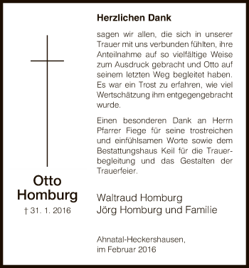 Todesanzeige von Otto Homburg von HNA