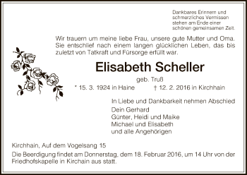 Todesanzeige von Elisabeth Scheller von HNA
