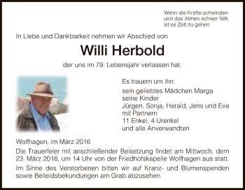Todesanzeige von Willi Herbold von HNA