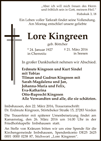Todesanzeige von Lore Kingreen von HNA