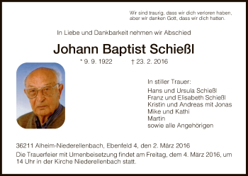Todesanzeige von Johann Baptist Schießl von HNA