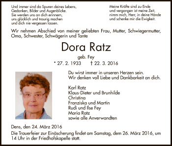 Todesanzeige von Dora Ratz von HNA