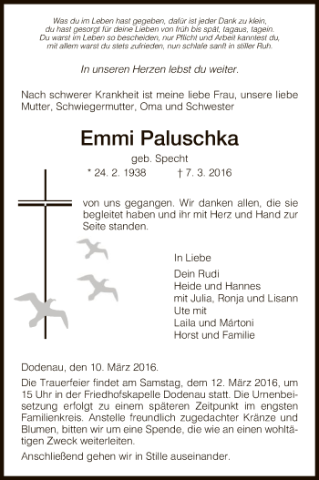 Todesanzeige von Emmi Paluschka von HNA