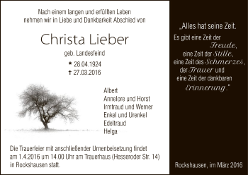 Todesanzeige von Christa Lieber von HNA