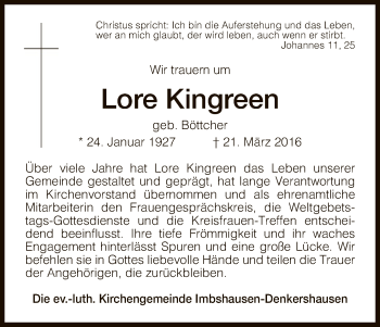 Todesanzeige von Lore Kingreen von HNA