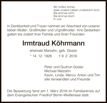 Todesanzeige von Irmtraud Köhrmann von HNA