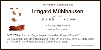 Todesanzeige von Irmgard Mühlhausen von HNA