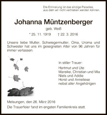 Todesanzeige von Johanna Müntzenberger von HNA