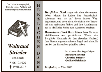 Todesanzeige von Waltraud Strieder von HNA