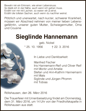 Todesanzeige von Sieglinde Hannemann von HNA
