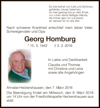 Todesanzeige von Georg Homburg von HNA