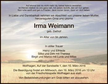 Todesanzeige von Irma Weimann von HNA