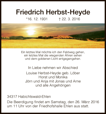 Todesanzeige von Friedrich Herbst-Heyde von HNA