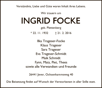 Todesanzeige von Ingrid Focke von HNA