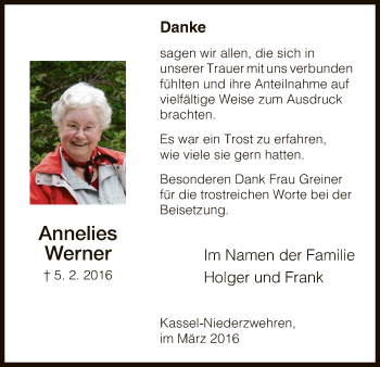 Todesanzeige von Annelies Werner von HNA