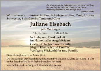 Todesanzeige von Juliane Elsebach von HNA