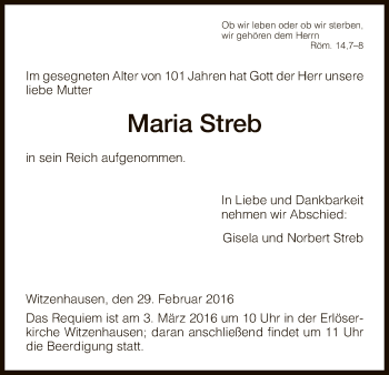 Todesanzeige von Maria Streb von HNA