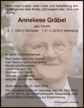 Todesanzeige von Anneliese Gräbel von HNA