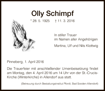 Todesanzeige von Olly Schimpf von HNA