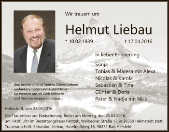 Todesanzeige von Helmut Liebau von HNA