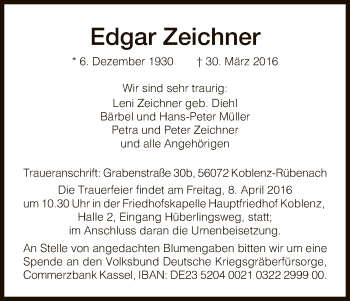 Todesanzeige von Edgar Zeichner von HNA