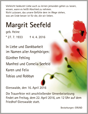 Todesanzeige von Margrit Seefeld von HNA