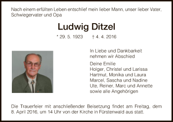 Todesanzeige von Ludwig Ditzel von HNA