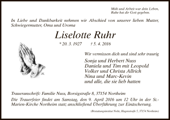 Todesanzeige von Liselotte Ruhr von HNA