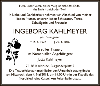 Todesanzeige von Ingeborg Kahlmeyer von HNA