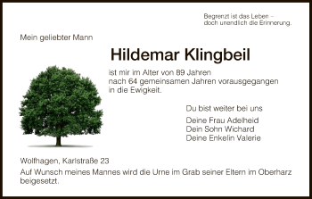 Todesanzeige von Hildemar Klingbeil von HNA