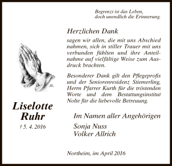 Todesanzeige von Liselotte Ruhr von HNA